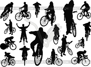 Eighteen people silhouettes with bicycle - vector clipart / vector image