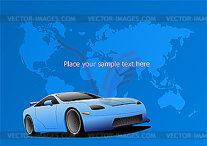 Blue car and world map - vector clipart