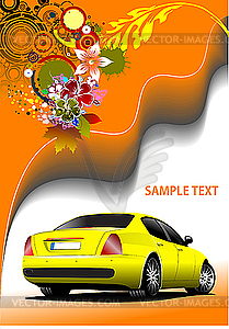 Floral poster with yellow car - color vector clipart