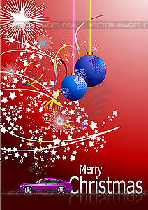 Red Christmas card with balls and car - vector image