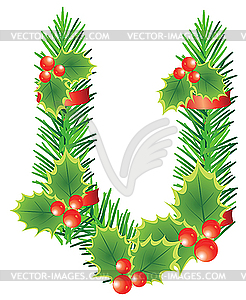 Christmas letter U made of fir branches - stock vector clipart