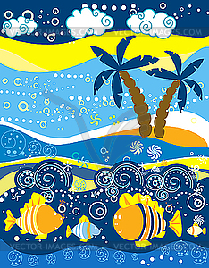 Tropical sea, palm trees and fish - vector clip art