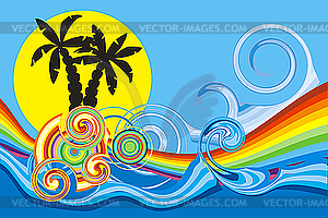 Тропическое море и пальмы - векторное изображение клипарта