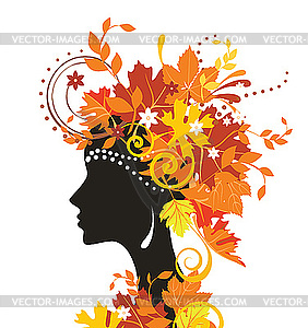 Декоративный силуэт женщины с осенними листьями - векторный клипарт