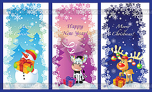 Three Christmas cards with snowman, bull and deer - vector clip art