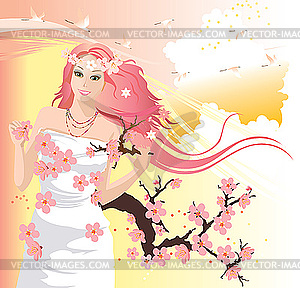 Beautiful woman with flowering tree - royalty-free vector image