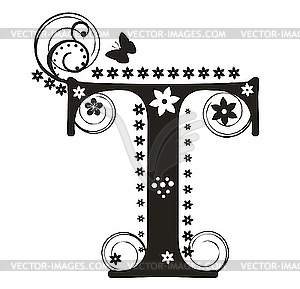 Decorative letter T with flowers for design - vector image