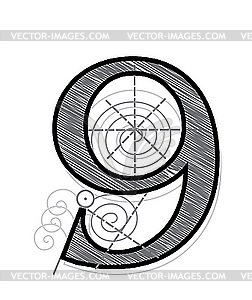 Декоративная чертежная цифра 9 - изображение в векторе / векторный клипарт