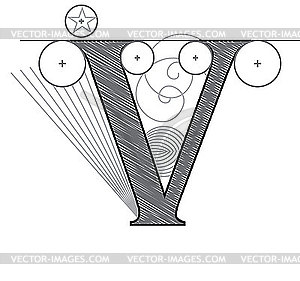 Декоративная чертежная буквица V - рисунок в векторном формате