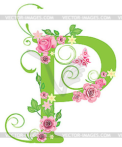 Decorative letter P with roses - color vector clipart