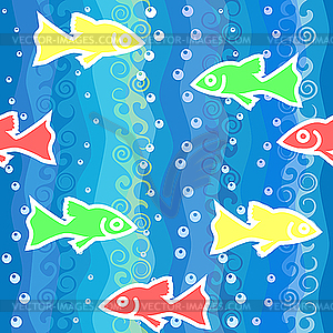 Seamless background with waves and colorful fish - vector image