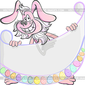 Cartoon Pink Easter Rabbit holding poster - vector clip art