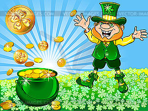 Leprechaun with pot full of gold - vector clipart