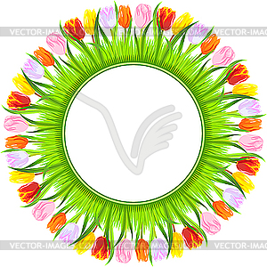 Round frame of colorful tulips - vector clipart