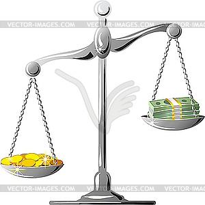 Unbalanced silver scale with coins and banknotes - vector clipart