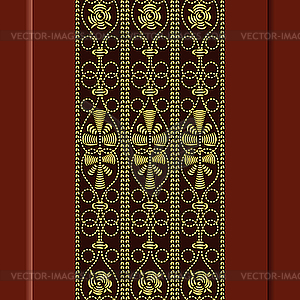 Seamless pattern of gold embroidery on red background - vector image