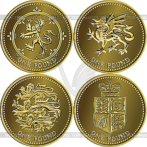 Set of British one pound coins - vector clip art