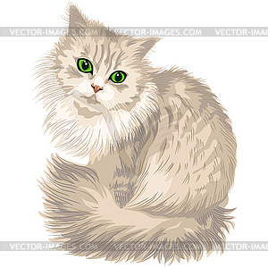 Lilac fluffy cute cat with green eyes - vector clipart