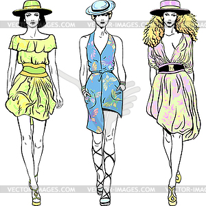 Set fashion top models in summer dresses and hats - vector image