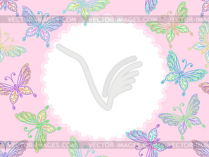 Pink floral lace frame with butterflies - vector image