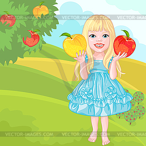 Cute little girl with apples laughs - vector image