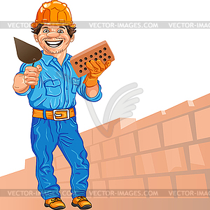 Cheerful bricklayer builder in orange helmet with bri - vector image