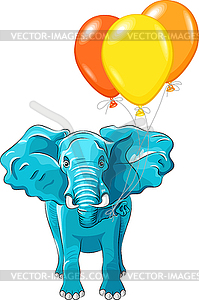 Blue African elephant with multi-colored balloons - vector clip art