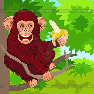Счастливые обезьяны шимпанзе в джунглях с бананом - клипарт в векторном формате