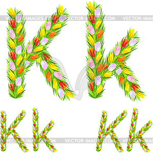 Font type letter K made of flower tulip - royalty-free vector clipart