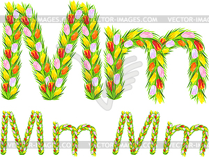 Font type letter M made of flower tulip - vector image