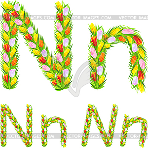 Font type letter N made of flower tulip - vector clipart