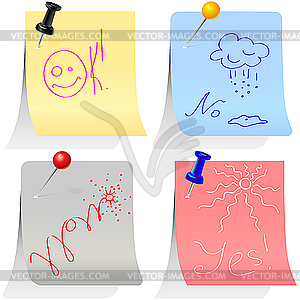 Set of colored labels pinned with pins - vector image