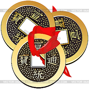 Three ancient Chinese coins Feng Shui tied with red ribbon - vector clip art