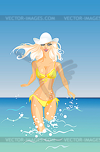 Blond Girl and the Sea - vector clip art