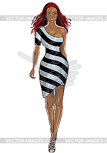 Beautiful black girl in striped dress - vector image