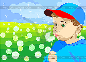 Little boy blowing on dandelion in the meadow - vector image