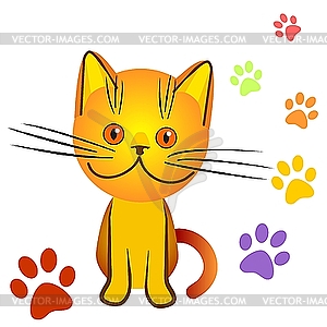 Kitten and tracks - vector image