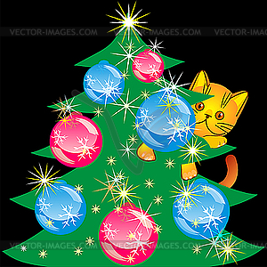 Orange kitten and Christmas tree - vector clip art