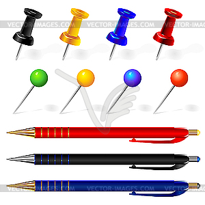 Set of pens and pins - vector image