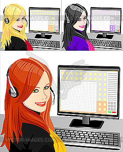 Young beautiful girl as telephone operator - royalty-free vector image