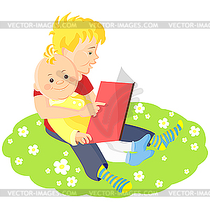 Elder brother is reading book to his younger brother - vector clip art
