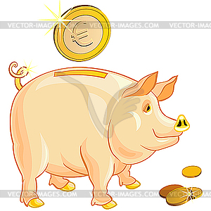 Piggy bank with gold euro coins - vector clipart