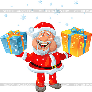 Happy Santa Claus holding gifts - vector clip art