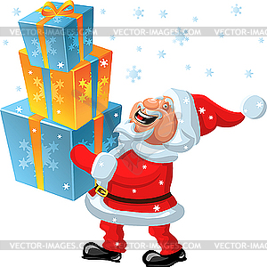 Happy Santa Claus brings many gifts in the hands - vector clipart