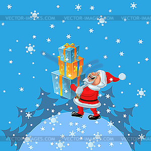 Happy Santa Claus brings many gifts - vector clip art