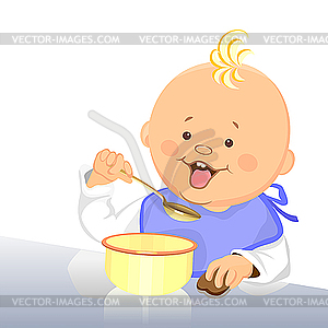 Baby eats with spoon from bowl - vector image