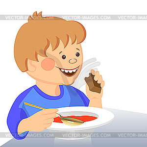 Baby boy eats with spoon from bowl - vector image