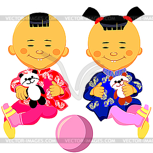 Chinese Baby Boy And Girl Play With Panda Toy Vector Clipart