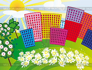 Solar city among the flowers - vector image