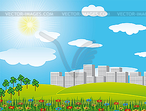 Road through the field in the city - vector image